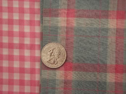 vintage fabric lot, retro pink & grey plaid, gingham, stripes