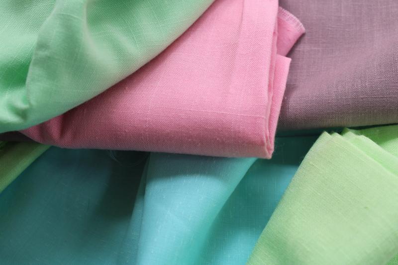 vintage fabric lot, solid color pastels poly blend linen weave material nice for table linens
