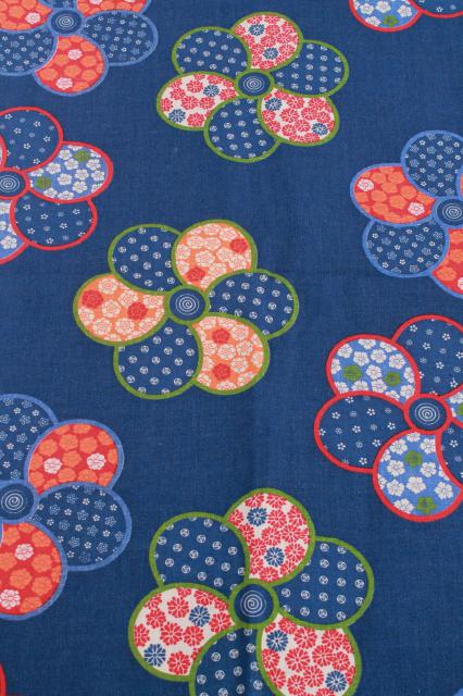 vintage fabric, medium heavy cotton, traditional indigo blue w/ Japanese style floral 