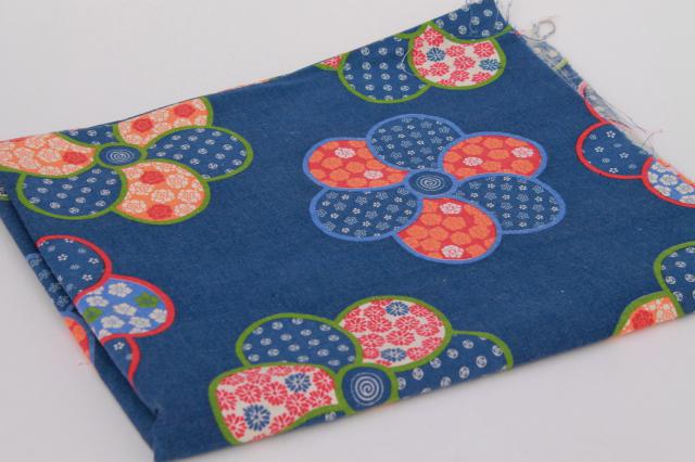 vintage fabric, medium heavy cotton, traditional indigo blue w/ Japanese style floral 