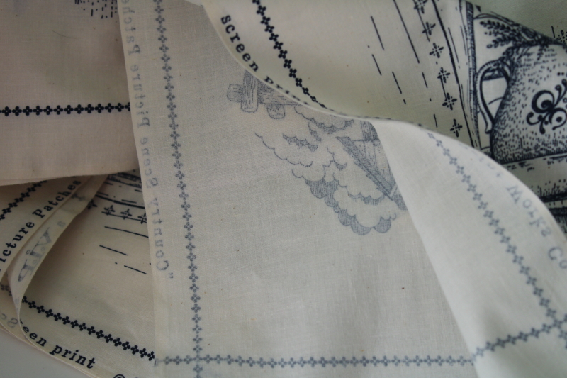 vintage fabric patchwork blocks w/ farm country prints, indigo blue on natural unbleached cotton