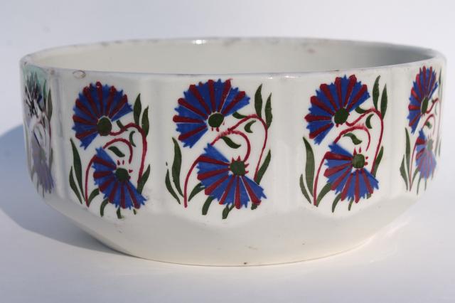 vintage faience pottery bowl w/ french blue cornflowers, early 20th century Czechoslovakia