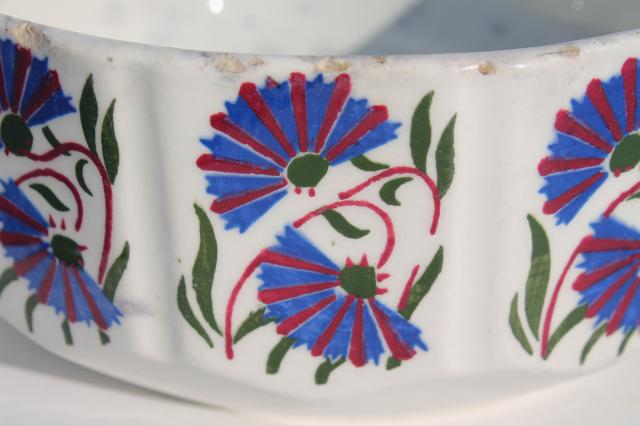 vintage faience pottery bowl w/ french blue cornflowers, early 20th century Czechoslovakia