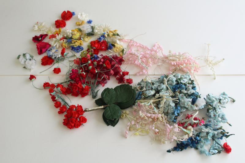 vintage fake flowers & rose leaves, faux silk tiny flower craft trims lot