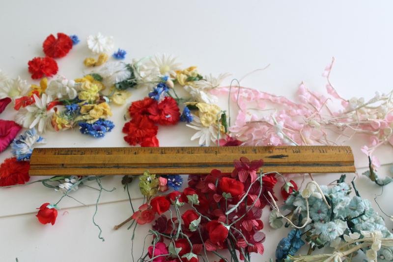 vintage fake flowers & rose leaves, faux silk tiny flower craft trims lot