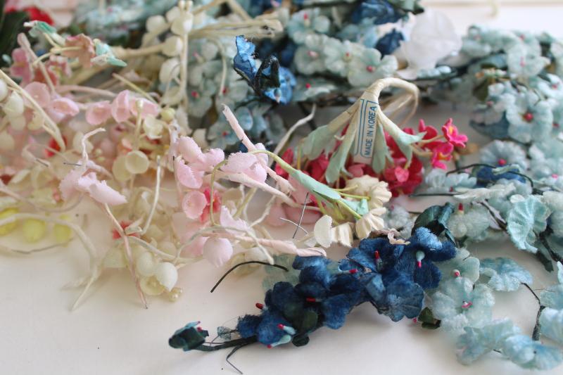vintage fake flowers & rose leaves, faux silk tiny flower craft trims lot