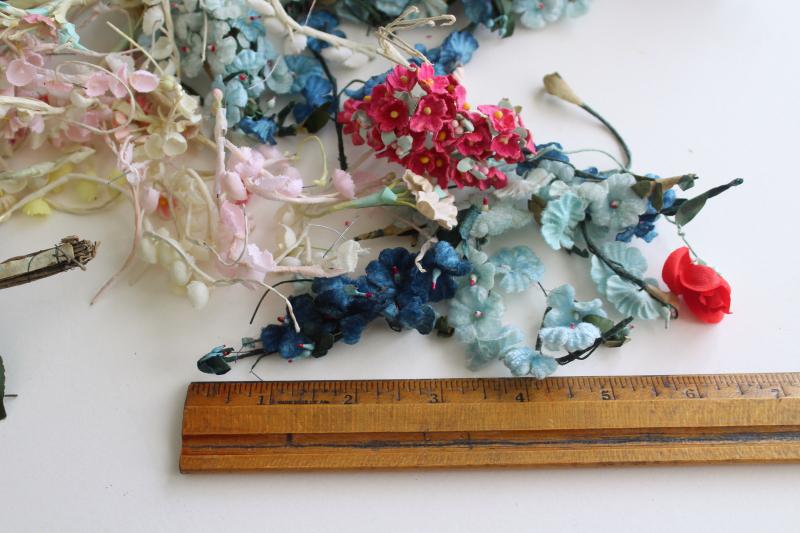vintage fake flowers & rose leaves, faux silk tiny flower craft trims lot