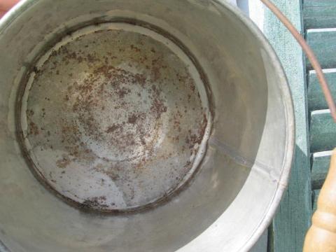 vintage farm primitive bucket, tinned steel milk pail w/ wood handle