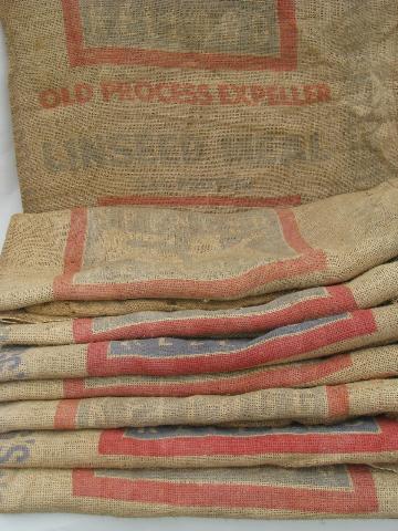 vintage farm primitive burlap feed bags w/ advertising graphics, lot 8 sacks