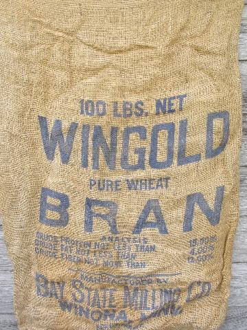 vintage farm primitive burlap feed grain bags w/ bright advertising graphics