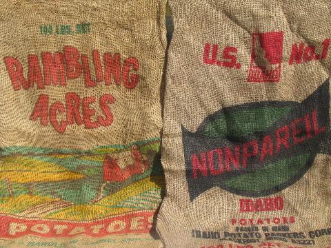 vintage farm primitive burlap potato bags w/ bright advertising graphics, lot of 10 sacks