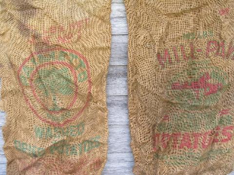 vintage farm primitive burlap potato bags w/ bright advertising graphics, lot of 6 sacks