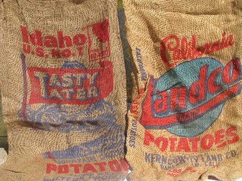 vintage farm primitive burlap potato bags w/ bright advertising graphics, lot of 9 sacks