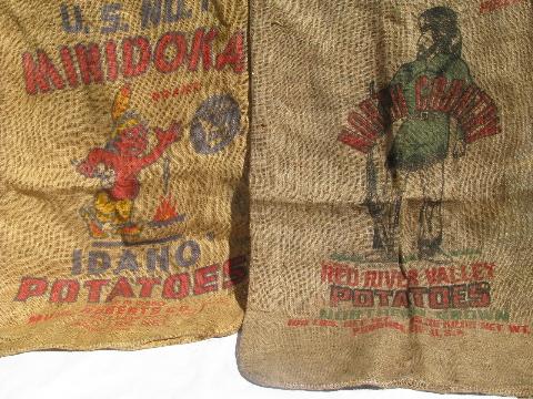 vintage farm primitive burlap potato bags w/ bright advertising graphics, lot of 9 sacks