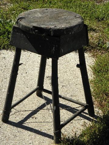 vintage farm primitive rustic wood stool / plant stand, worn old black paint