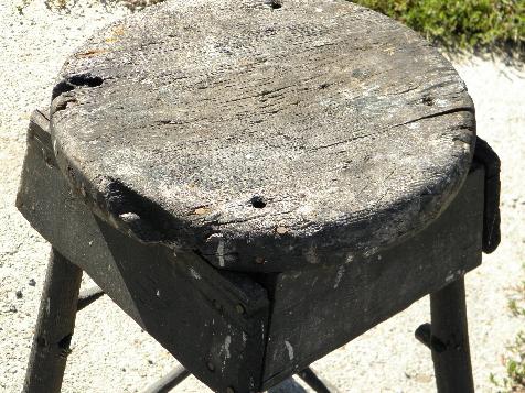 vintage farm primitive rustic wood stool / plant stand, worn old black paint