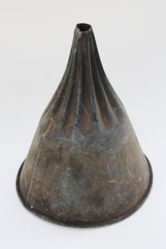 vintage farm primitive witch hat shape oil funnel, rustic patina old galvanized zinc