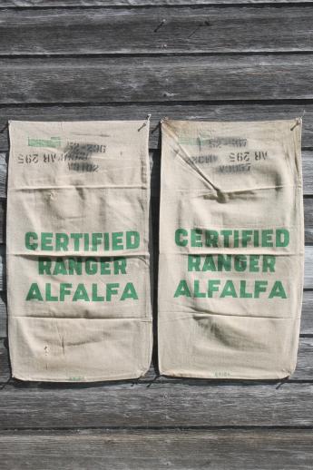 vintage farm seed feedsack lot, primitive cotton sacks printed alfalfa & grass
