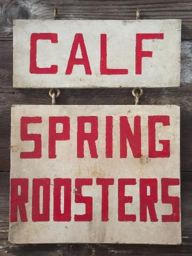 vintage farm signs, primitive painted wood board sign boards for chickens, calf