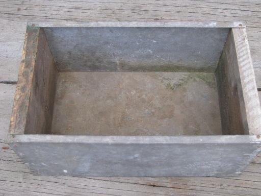 vintage farm tool box, primitive old painted wood crate w/ galvanized tin