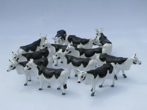 vintage farm toy animals, large old plastic cow lot, model holstein cows