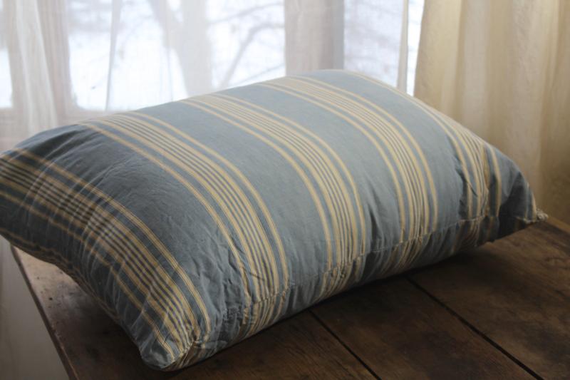 vintage farmhouse blue & white striped cotton ticking feather pillow, big puffy bed pillow