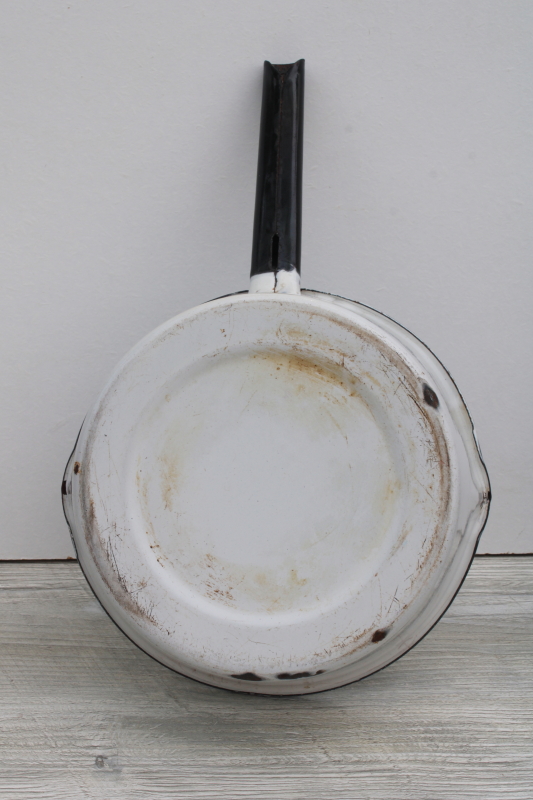 vintage farmhouse enamel ware pot, big bowl sauce pan, primitive old patina rustic white chippy metal