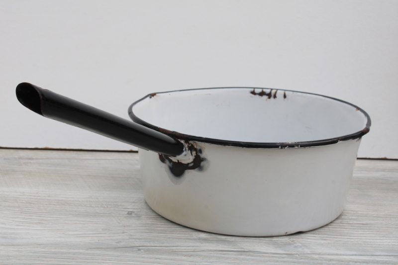 vintage farmhouse enamel ware pot, big bowl sauce pan, primitive old patina rustic white chippy metal