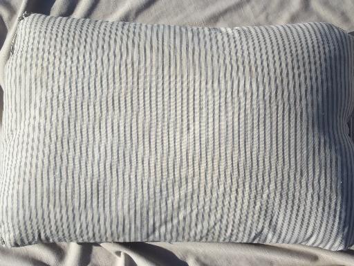 vintage farmhouse feather pillows w/ antique indigo striped cotton ticking 