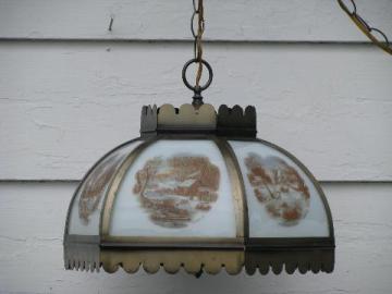 vintage farmhouse hanging light, paneled glass lamp shade, Currier & Ives