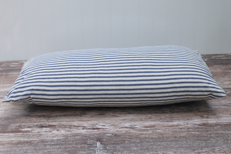 vintage farmhouse indigo blue striped cotton ticking fabric cushion w/ very firm feather pillow insert