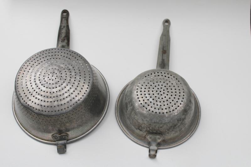 vintage farmhouse kitchen sieves or strainers, colander bowls w/ long handles