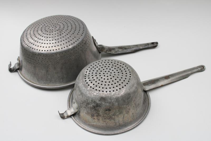 vintage farmhouse kitchen sieves or strainers, colander bowls w/ long handles