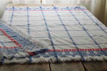 vintage farmhouse kitchen tablecloth, woven cotton red  blue birds border, french country style