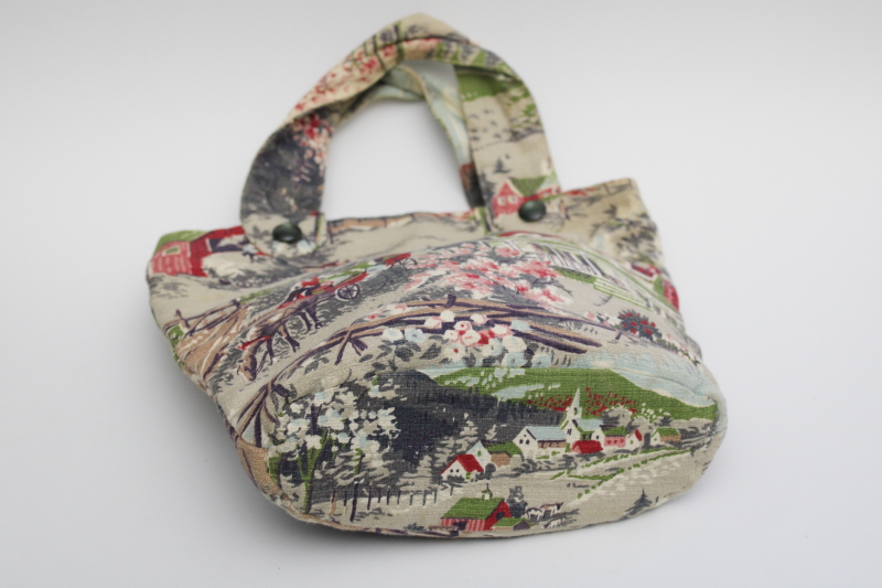 vintage farmhouse print cotton barkcloth handbag, purse or small tote for needlework