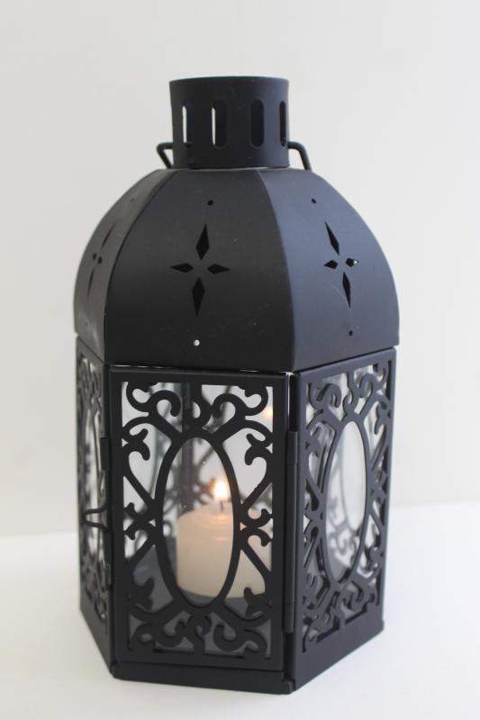 vintage farmhouse style candle lantern, black metal glass birdcage lamp for table or hanging