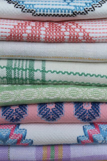 vintage farmhouse towels, woven linen & cotton huck towels w/ colored stitching