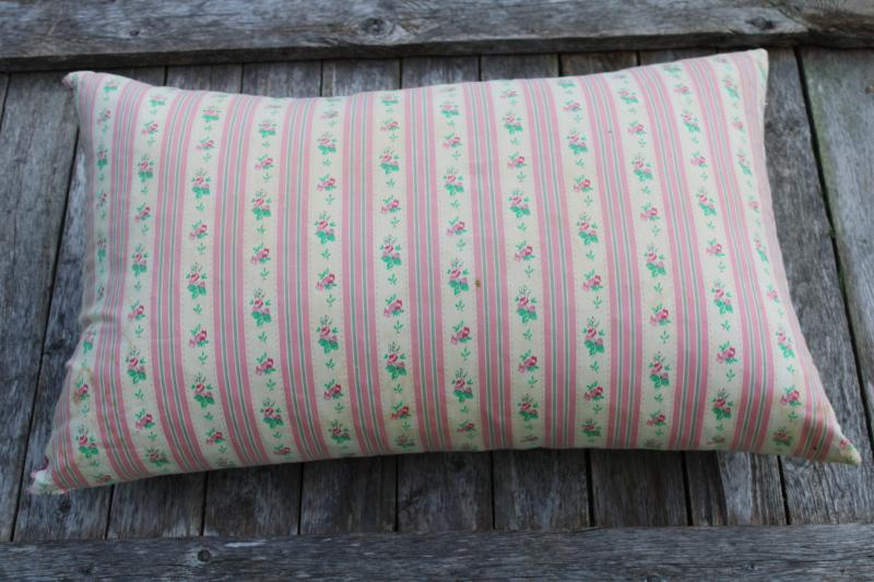 vintage feather pillow, pink floral striped cotton ticking pillow, cottage chic