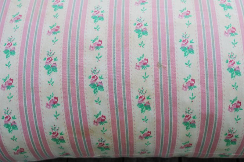 vintage feather pillow, pink floral striped cotton ticking pillow, cottage chic