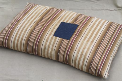 vintage feather pillow w/ primitive old brown striped ticking patched in indigo blue 