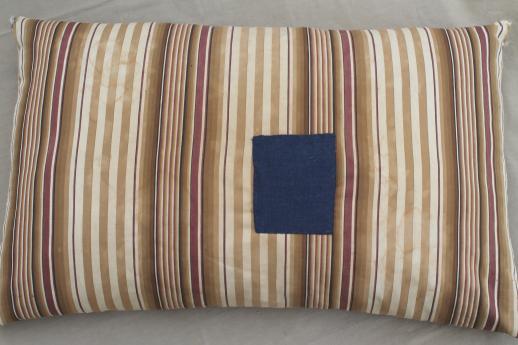 vintage feather pillow w/ primitive old brown striped ticking patched in indigo blue 