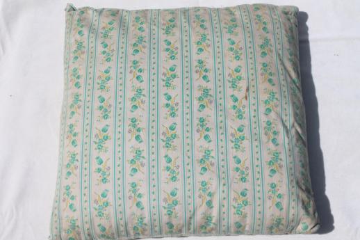 vintage feather pillow, square chair cushion pillow with shabby flowered striped ticking