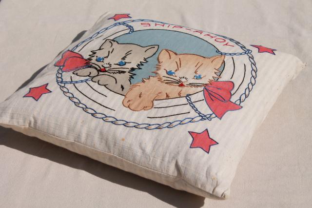 vintage feather pillows, ticking stripe w/ embroidered covers, nautical sailor cats & scotty dogs