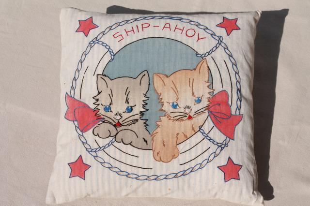 vintage feather pillows, ticking stripe w/ embroidered covers, nautical sailor cats & scotty dogs