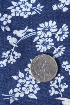vintage feed sack fabric, daisies & song birds print white on navy blue