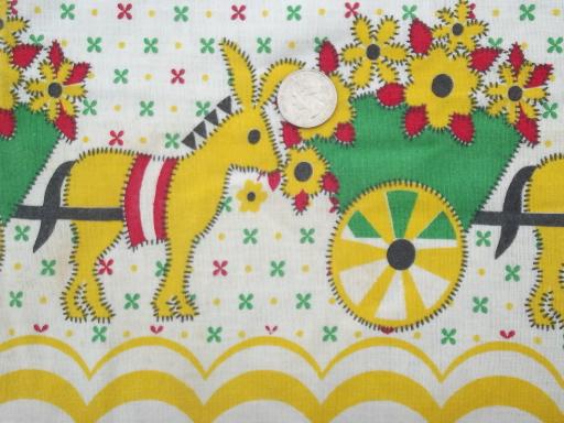vintage feed sack kitchen curtains, donkey flower cart  print cotton fabric