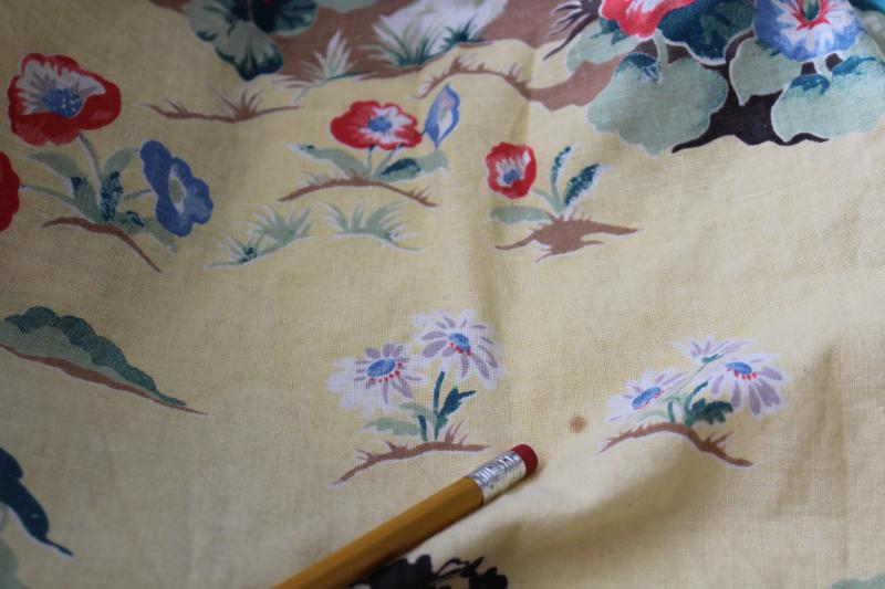vintage feed sack weave cotton fabric, cottage houses w/ hollyhocks print