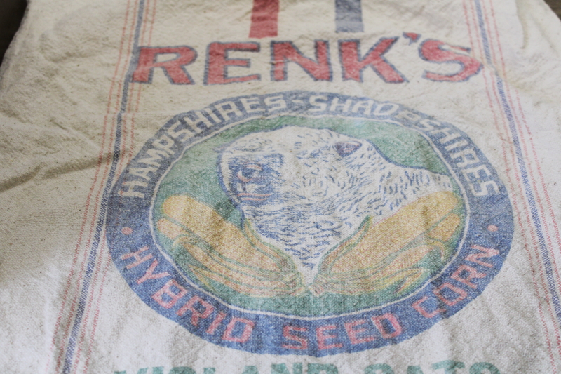 vintage feedsack cotton grain sack, farm seed bag w/ sheep, Renks Sun Prairie
