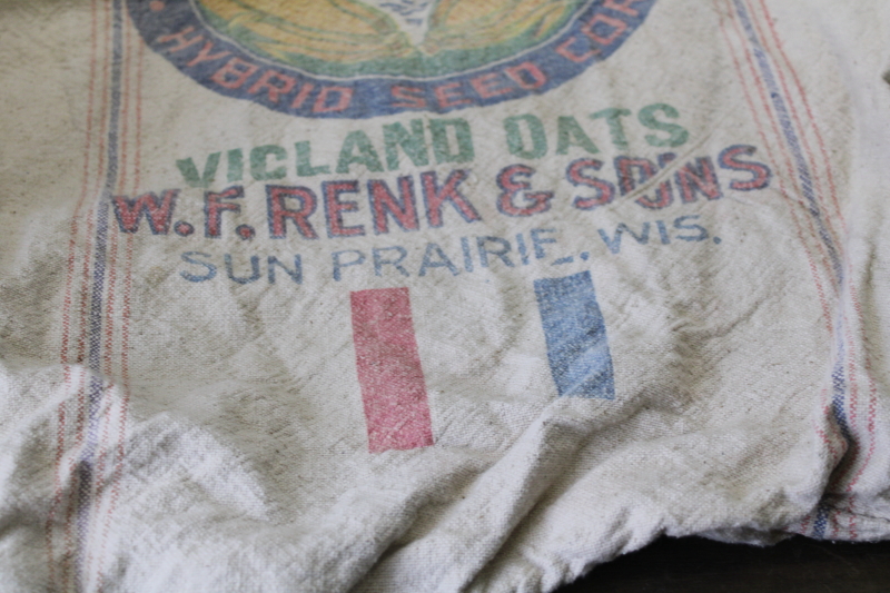 vintage feedsack cotton grain sack, farm seed bag w/ sheep, Renks Sun Prairie