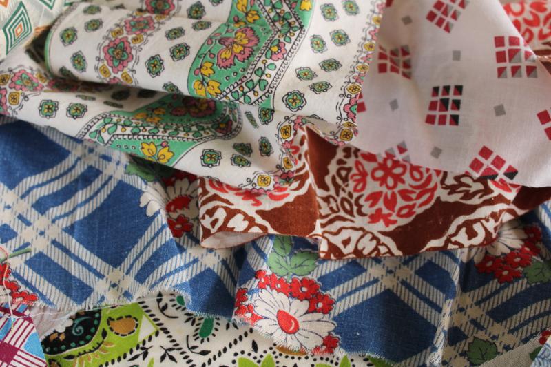 vintage feedsack fabric lot, scrap quilting material, prints in all colors